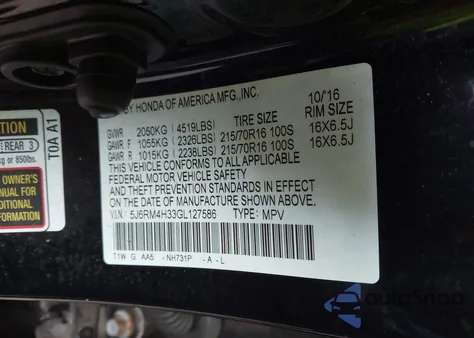 2016 Honda Cr-V Lx из США, поврежденный, VIN 5J6RM4H33GL127586